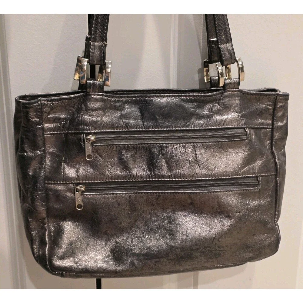 Vintage SHS Metallic Black Textured Leather Multi-Zip Shoulder Bag